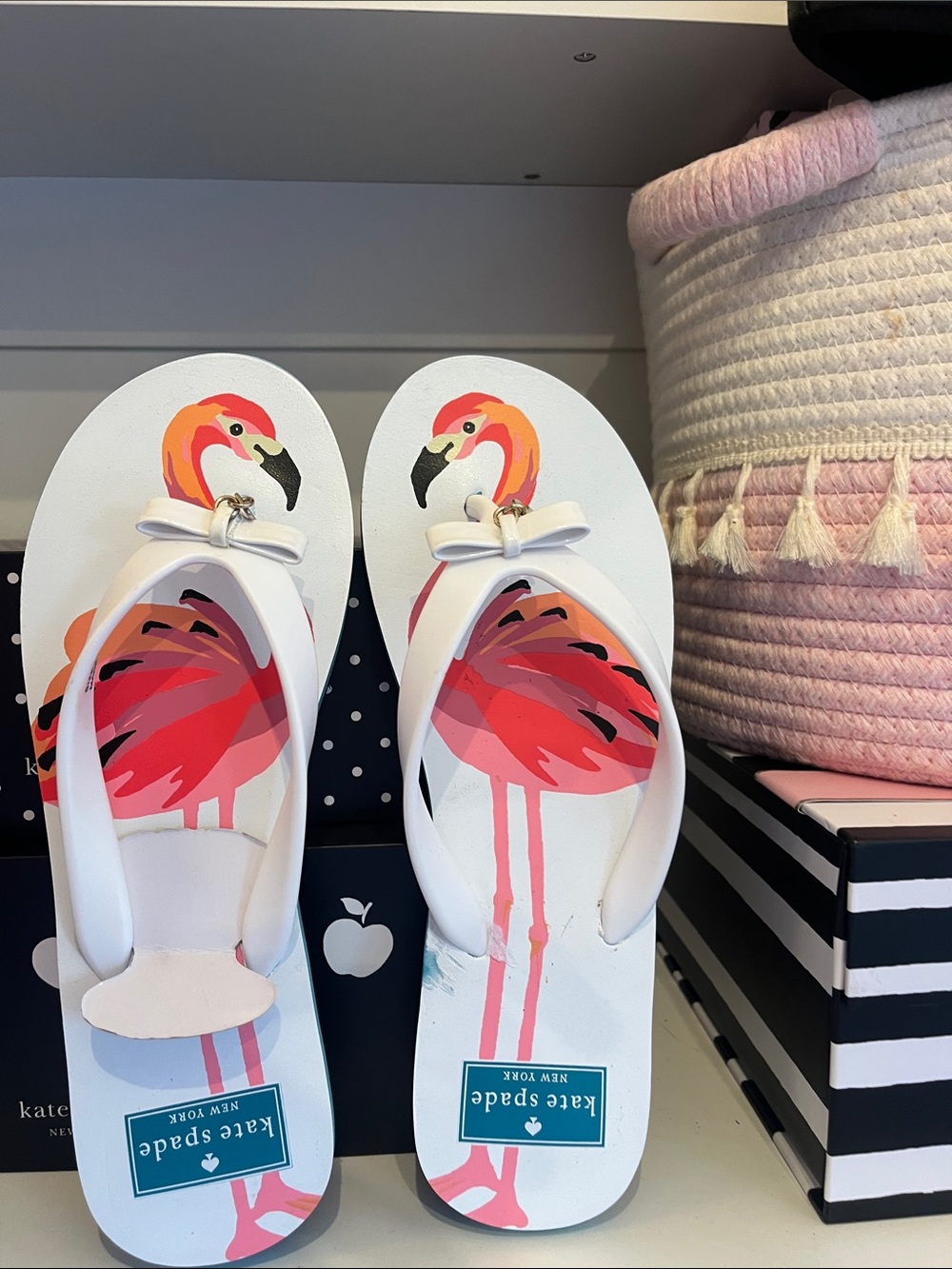 kate spade Kids White Flip Flops with Pink Flamingo Print